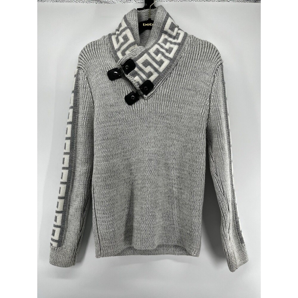 Via Roma Men's Large Shawl Collar Sweater Greek Key Buckle Gray Chunky Knit L